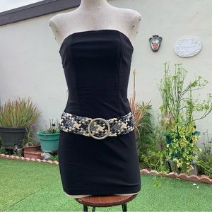 Y2k black strapless body con mini dress with oring belt